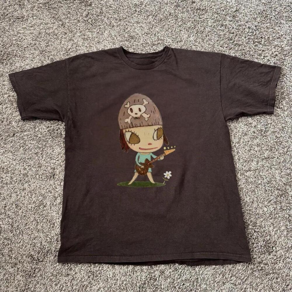 Brown Graphic Tee With Skull And Guitar Design